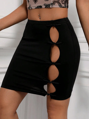 Cut Out Button Front Bodycon Skirt