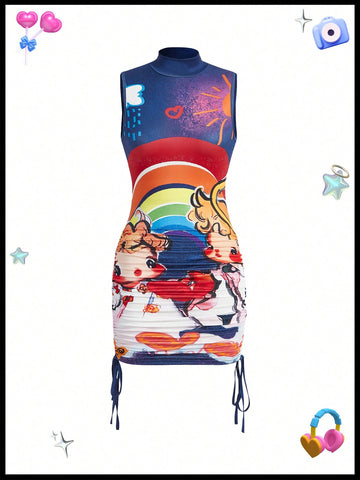 Dopamine Cartoon Graphic Print Drawstring Sides High Collar Tank Dress