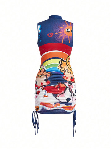 Dopamine Cartoon Graphic Print Drawstring Sides High Collar Tank Dress