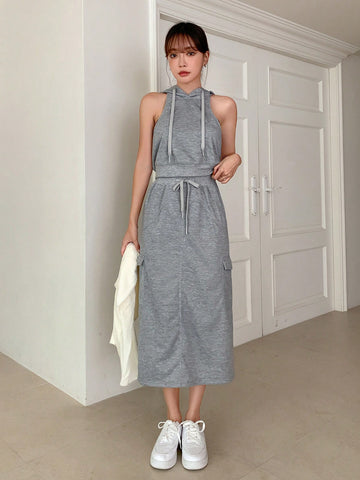 Drawstring Hooded Tank Top & Skirt