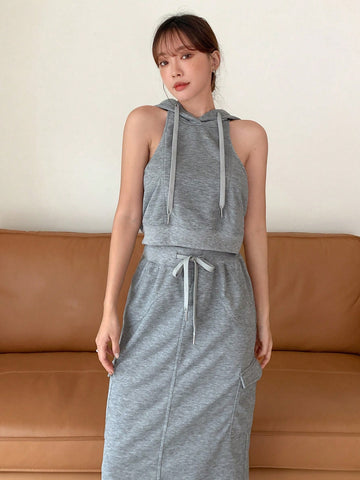 Drawstring Hooded Tank Top & Skirt