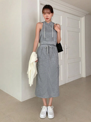 Drawstring Hooded Tank Top & Skirt