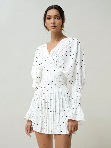 Women Spring/Summer Polka Dot Printed Batwing Sleeve Pleated Waist Dress