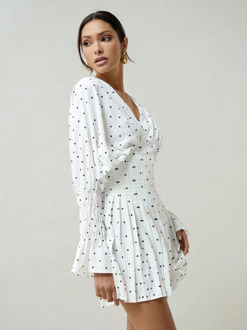 Women Spring/Summer Polka Dot Printed Batwing Sleeve Pleated Waist Dress