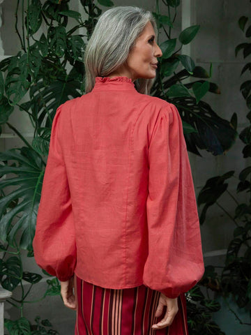 Frill Trim Notched V-Neck Lantern Sleeve Blouse