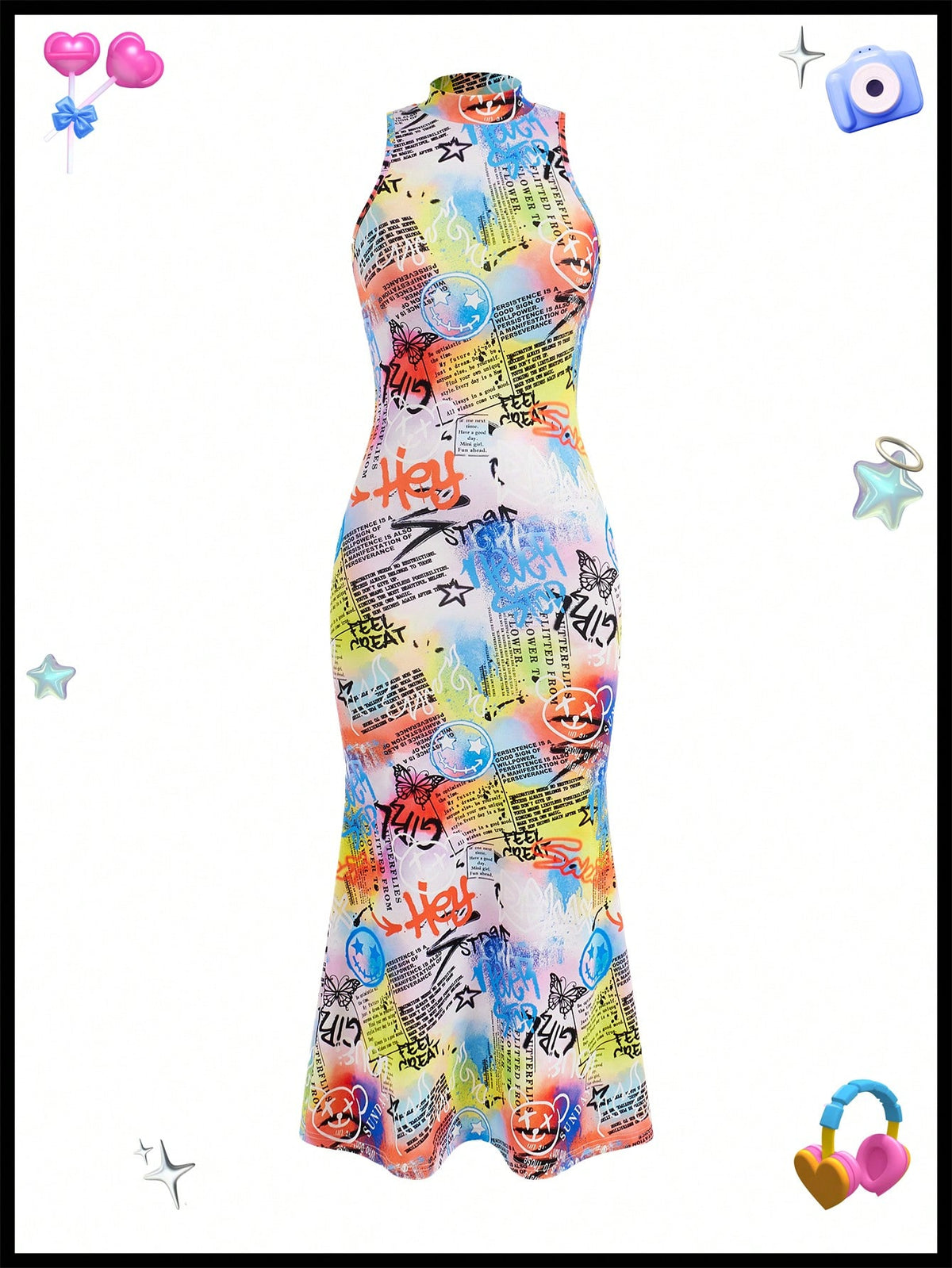 Kidcore Cartoon Graphic Print High Collar Sleeveless ,Fishtail Dress