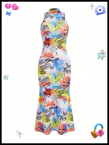 Kidcore Cartoon Graphic Print High Collar Sleeveless ,Fishtail Dress