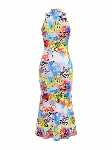 Kidcore Cartoon Graphic Print High Collar Sleeveless ,Fishtail Dress