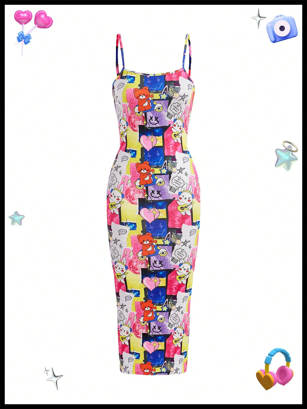 Kidcore Dopamine Cartoon Graphic Print Cami Pencil Dress