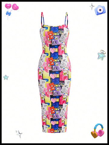 Kidcore Dopamine Cartoon Graphic Print Cami Pencil Dress