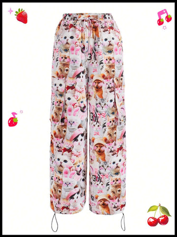 Kidcore Dopamine Funny Cat Realistic Digital Printing Overalls For Women