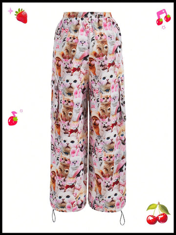 Kidcore Dopamine Funny Cat Realistic Digital Printing Overalls For Women