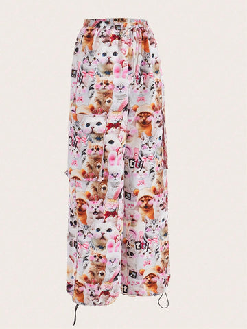 Kidcore Dopamine Funny Cat Realistic Digital Printing Overalls For Women