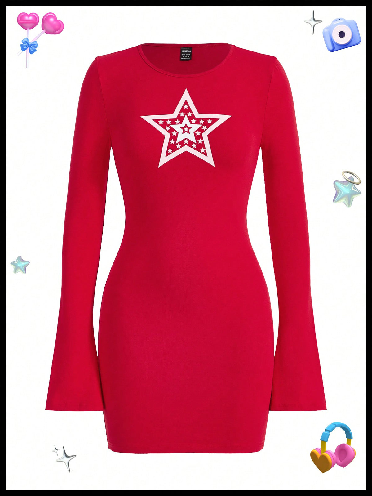 Kidcore Star Print Red Long Sleeves Dress