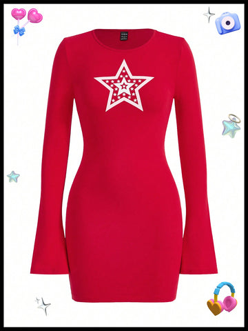 Kidcore Star Print Red Long Sleeves Dress