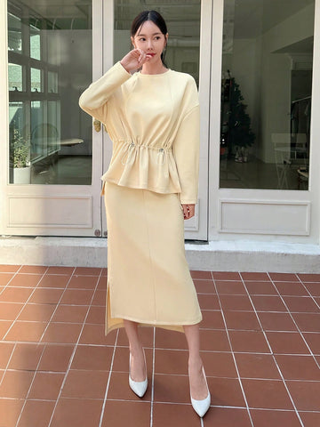 Ladies' Solid Color Drawstring Ruffle Hem Top And Skirt Two-Piece Set