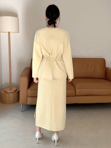 Ladies' Solid Color Drawstring Ruffle Hem Top And Skirt Two-Piece Set