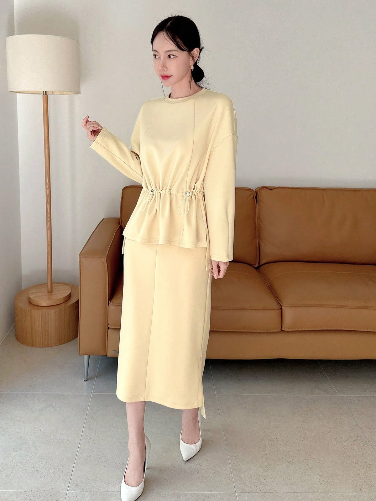 Ladies' Solid Color Drawstring Ruffle Hem Top And Skirt Two-Piece Set