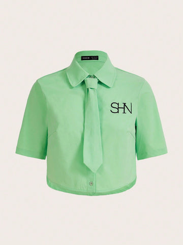 Letter Embroidery Button Front Shirt With Tie