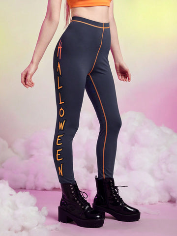 Letter Graphic Contrast Stitch Leggings
