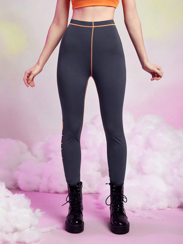 Letter Graphic Contrast Stitch Leggings
