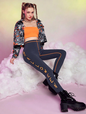Letter Graphic Contrast Stitch Leggings