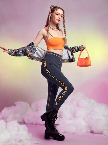 Letter Graphic Contrast Stitch Leggings