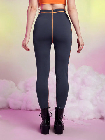 Letter Graphic Contrast Stitch Leggings