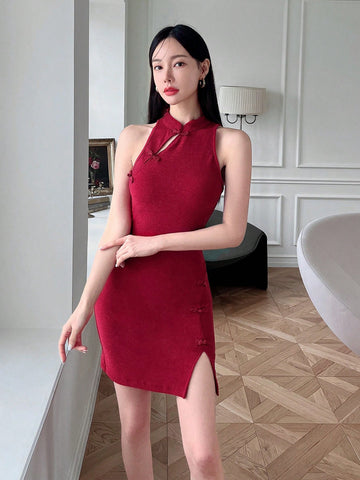 New Chinese Style Party Dress With Qipao Collar, Sleeveless And Bodycon Design, Exquisite Brocade And Shiny Silk Fabric, Decorative Buckle