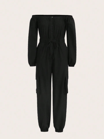 Off Shoulder Drawstring Waist Flap Pocket Jumpsuit