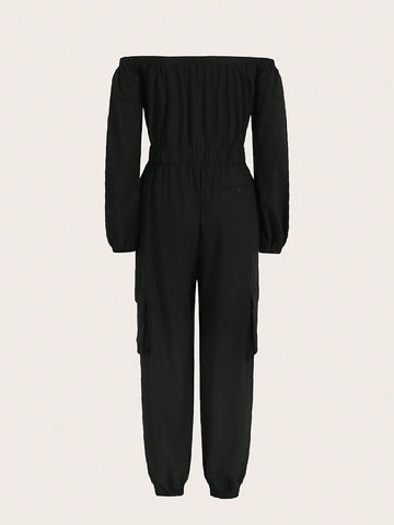 Off Shoulder Drawstring Waist Flap Pocket Jumpsuit
