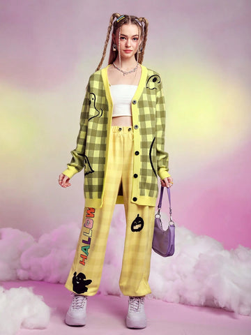 Plaid Letter & Cartoon Graphic Drawstring Waist Sweatpants