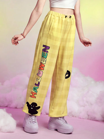Plaid Letter & Cartoon Graphic Drawstring Waist Sweatpants