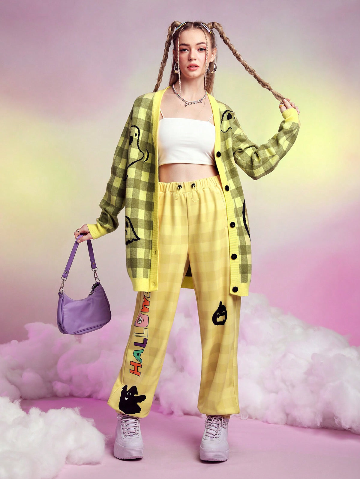 Plaid Letter & Cartoon Graphic Drawstring Waist Sweatpants