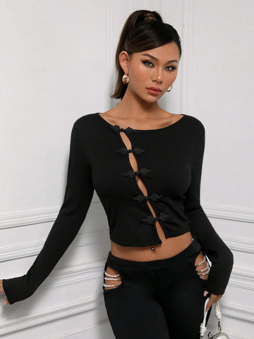Solid Button Front Crop Tee