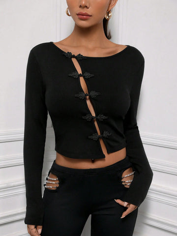 Solid Button Front Crop Tee