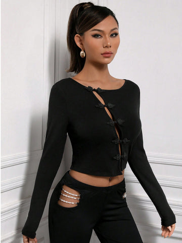 Solid Button Front Crop Tee