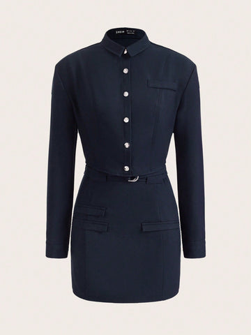 Solid Button Front Shirt & Skirt