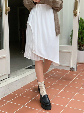 Solid Pleated Asymmetrical Hem Skirt