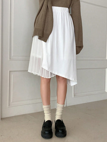 Solid Pleated Asymmetrical Hem Skirt