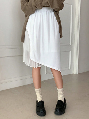 Solid Pleated Asymmetrical Hem Skirt