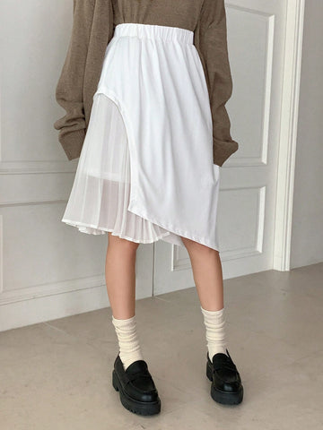 Solid Pleated Asymmetrical Hem Skirt