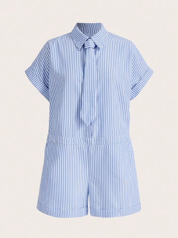 Striped Print Roll Up Hem Shirt Romper With Tie