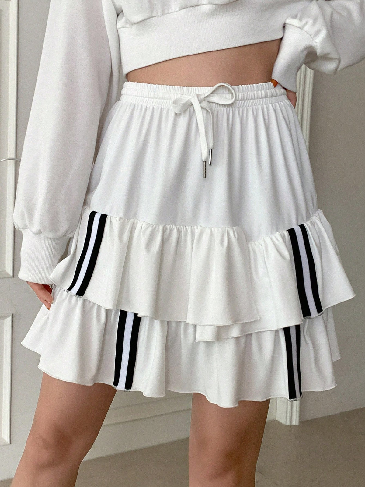 Striped Tape Tie Waist Layered Hem Skirt