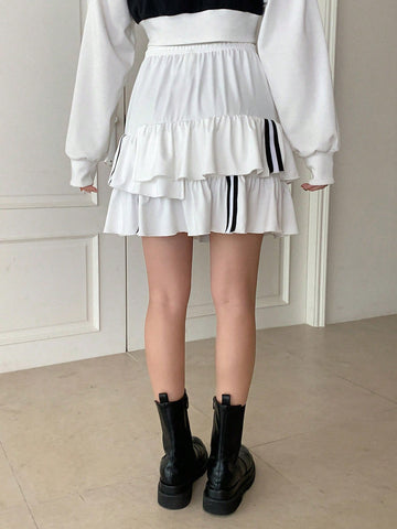 Striped Tape Tie Waist Layered Hem Skirt