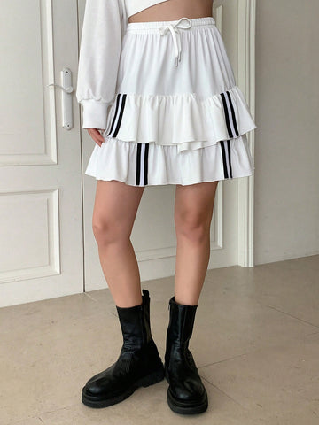 Striped Tape Tie Waist Layered Hem Skirt