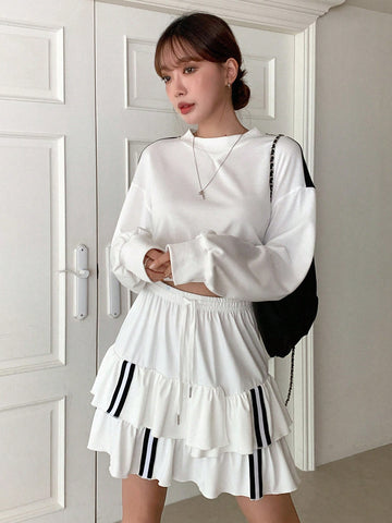 Striped Tape Tie Waist Layered Hem Skirt