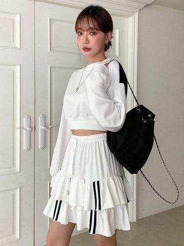 Striped Tape Tie Waist Layered Hem Skirt