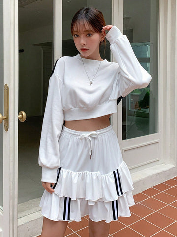 Striped Tape Tie Waist Layered Hem Skirt