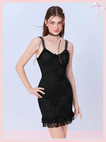 Coquette Balletcore Bow Lace Ruffle Hem Cami Dress Elegant Date Night Birthday Women Outfits Party Women Dresses